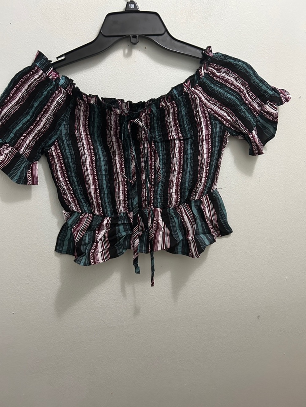 Striped Off-Shoulder Tie-Front Crop Top - Teal, Burgundy & White